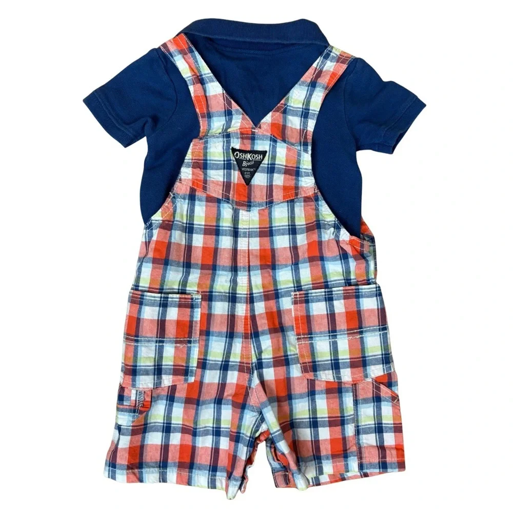 OshKosh B'Gosh Bundle Size 18M Orange Plaid Vestbak Shortalls Blue Polo Bodysuit